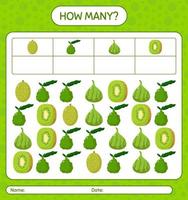 How many counting game jackfruit, kaffir lime, kiwi, melon. worksheet for preschool kids, kids activity sheet, printable worksheet vector