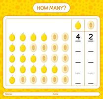 How many counting game with honeydew melon worksheet for preschool kids, kids activity sheet, printable worksheet vector