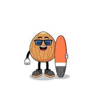 Mascot cartoon of almond as a surfer vector