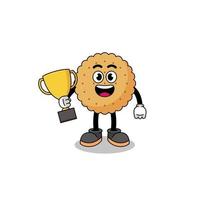 Cartoon mascot of biscuit round holding a trophy vector