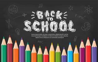 Bienvenido de nuevo al fondo de la escuela con lápices de colores, concepto de banner educativo con diseño de letras de regreso a la escuela