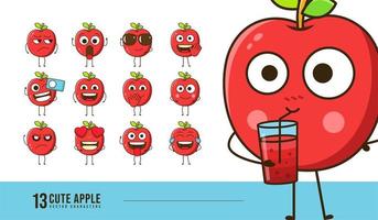 lindos personajes de manzana establecidos para la tienda de jugos de frutas y la entrega, expresión facial de emoticonos de manzana para publicaciones y reacciones sociales, diseño de vectores de dibujos animados de frutas frescas