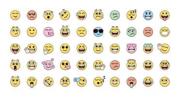 los lindos emoticonos se enfrentan a un conjunto de vectores de sentimientos para la publicación y la reacción en las redes sociales. emoji divertido con expresiones faciales. ilustración vectorial