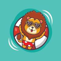 Cute lion cartoon mascot character in sunglasses sleep on float vector
