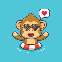 Cute monkey cartoon mascot character in sunglasses swim in beach on buoy vector