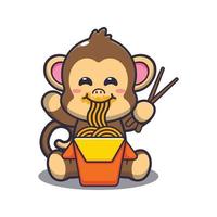 Cute monkey eating noodle cartoon vector illustration