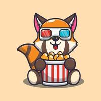 Cute red panda eating popcorn and watch 3d movie