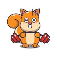 Cute squirrel lifting barbell cartoon vector illustration