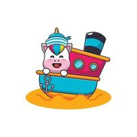 cute unicorn mascot cartoon character on the ship vector