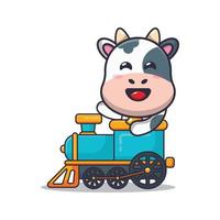 cute cow mascot cartoon character ride on train vector