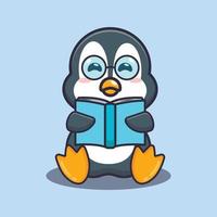 lindo pingüino leyendo un libro ilustración vectorial de dibujos animados vector
