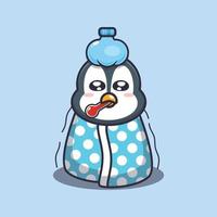 Ilustración de vector de dibujos animados lindo pingüino enfermo