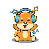 Cute shiba inu dog listening music with headphone cartoon vector illustration