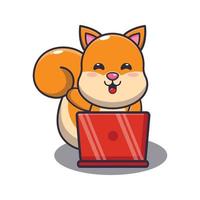 Cute squirrel with laptop cartoon vector illustration