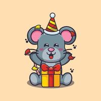 Ratón lindo en la ilustración de vector de dibujos animados de fiesta de cumpleaños