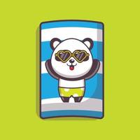 lindo personaje de mascota de dibujos animados de panda en gafas de sol dormir en la playa vector