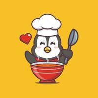 lindo chef pingüino con un tazón de sopa vector