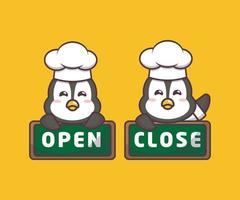 Cute penguin chef with open and close board vector