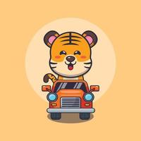 lindo tigre mascota personaje de dibujos animados paseo en coche vector