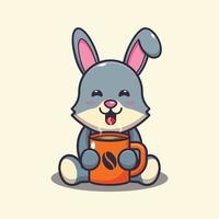 Lindo conejo con ilustración de vector de dibujos animados de café caliente