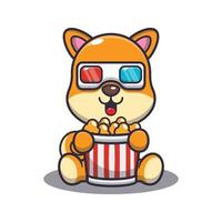 lindo perro shiba inu comiendo palomitas de maíz y viendo una película en 3d vector