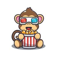 Cute monkey eating popcorn and watch 3d movie vector