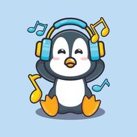 Cute penguin listening music with headphone cartoon vector illustration