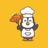 Cute penguin chef cartoon mascot illustration with fish vector