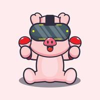 lindo cerdo jugando ilustración de vector de dibujos animados de realidad virtual