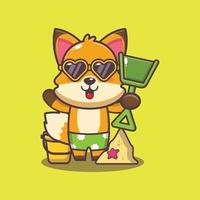 Cute fox cartoon mascot character in sunglasses play sand beach vector