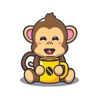 Cute monkey with hot coffee cartoon vector illustration