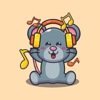 Cute mouse escuchando música con ilustración de vector de dibujos animados de auriculares