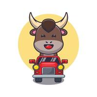 lindo toro mascota personaje de dibujos animados paseo en coche vector