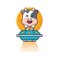 cute cow mascot cartoon character fly with ufo vector