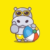 Cute hippo cartoon mascot character in sunglasses with beach ball vector