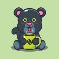 Cute panther with hot coffee cartoon vector illustration