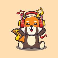 lindo panda rojo escuchando música con ilustración de vector de dibujos animados de auriculares