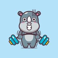 Cute rhino lifting barbell cartoon vector illustration