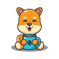 lindo perro shiba inu con ilustración de vector de dibujos animados de café caliente