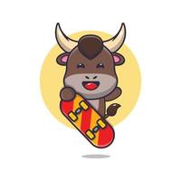 lindo personaje de dibujos animados de la mascota del toro con patineta vector