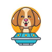 lindo perro mascota personaje de dibujos animados volar con ufo vector