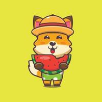 Cute fox cartoon mascot character eat fresh watermelon vector