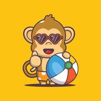 lindo personaje de mascota de dibujos animados de mono en gafas de sol con pelota de playa vector