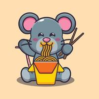 lindo ratón comiendo fideos dibujos animados vector ilustración