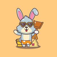 lindo personaje de mascota de dibujos animados de conejo en gafas de sol jugar playa de arena vector