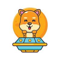 cute shiba inu dog mascot cartoon character fly with ufo vector
