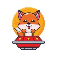 cute fox mascot cartoon character fly with ufo vector