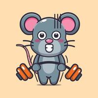 Cute mouse lifting barbell cartoon vector illustration