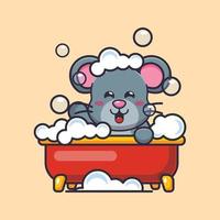 Cute mouse taking bubble bath in bathtub cartoon vector illustration