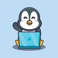 Cute penguin with laptop cartoon vector illustration